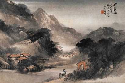 吴石僊 戊戌（1898年）作 秋山行旅 镜心
